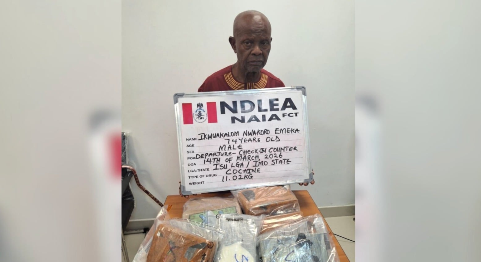 Nigeria : un homme de 74 ans arrêté avec 11 kg de cocaïne